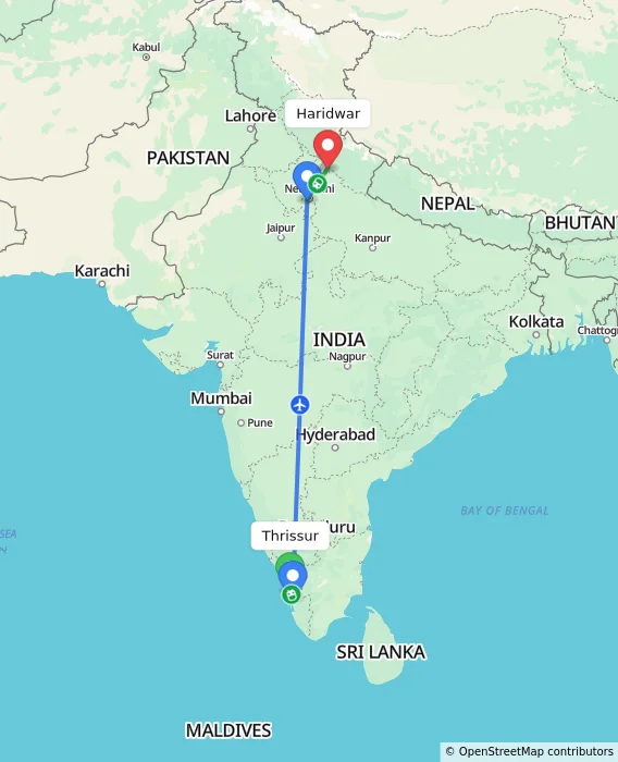 Route map showing distance and travel time from Thrissur, India to Haridwar, India