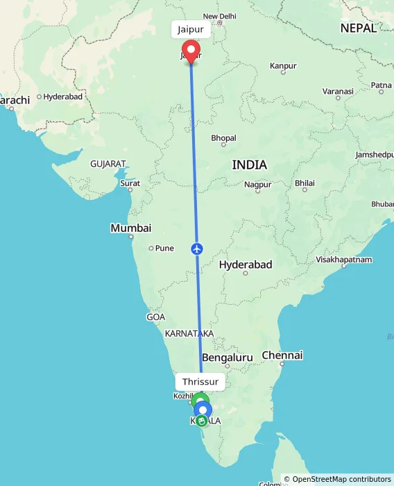 Route map showing distance and travel time from Thrissur, India to Jaipur, India