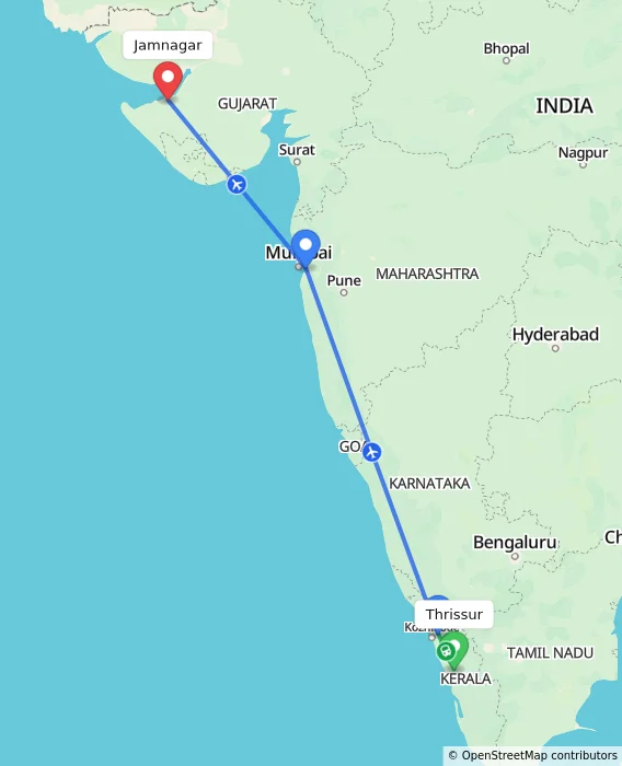 Route map showing distance and travel time from Thrissur, India to Jamnagar, India
