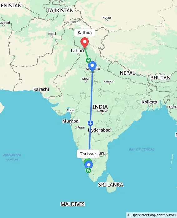 Route map showing distance and travel time from Thrissur, India to Kathua, India