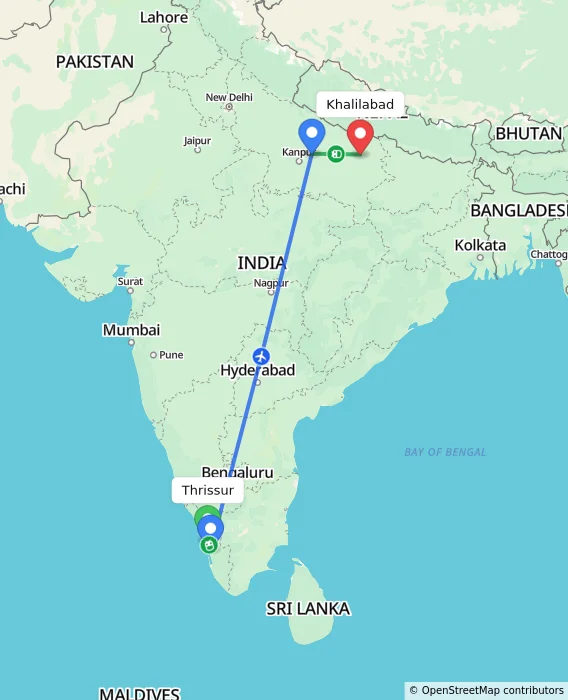 Route map showing distance and travel time from Thrissur, India to Khalilabad, India