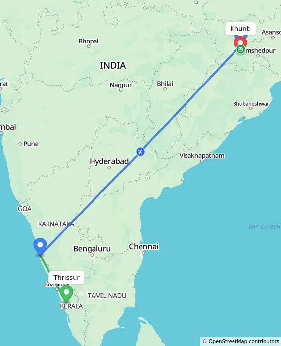 Route map showing distance and travel time from Thrissur, India to Khunti, India