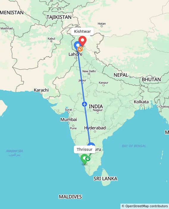 Route map showing distance and travel time from Thrissur, India to Kishtwar, India