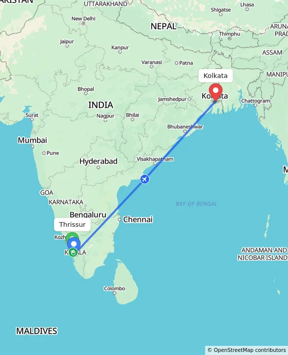 Route map showing distance and travel time from Thrissur, India to Kolkata, India