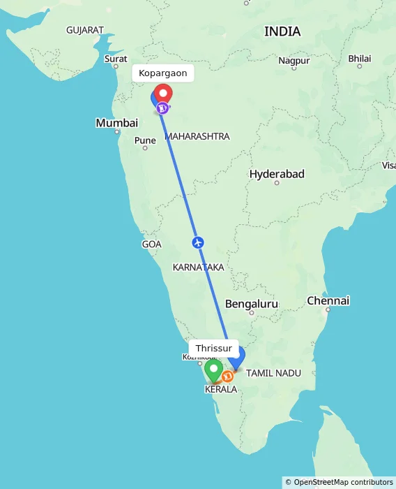 Route map showing distance and travel time from Thrissur, India to Kopargaon, India