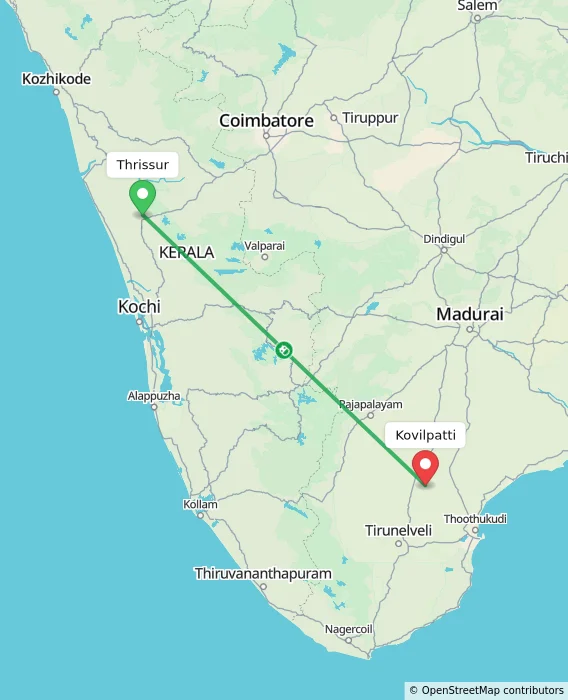 Route map showing distance and travel time from Thrissur, India to Kovilpatti, India