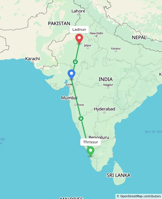 Route map showing distance and travel time from Thrissur, India to Ladnun, India