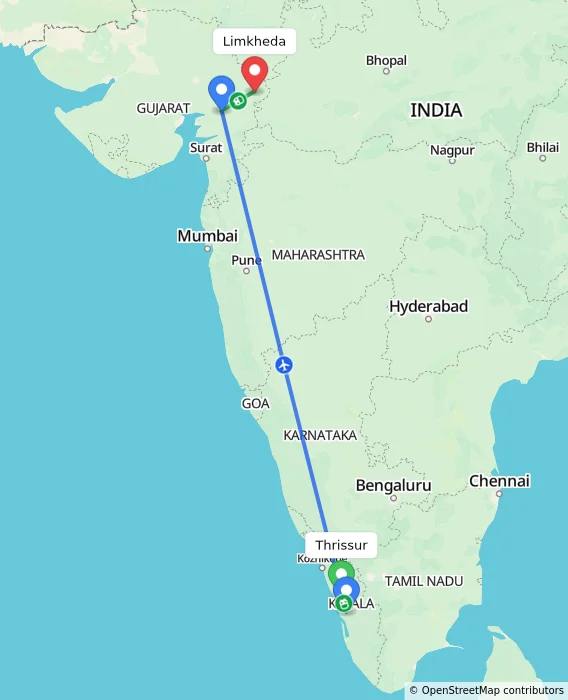 Route map showing distance and travel time from Thrissur, India to Limkheda, India