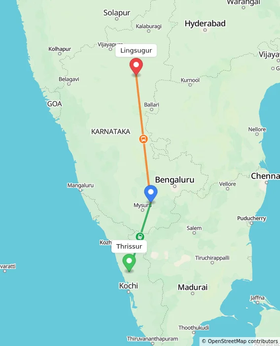 Route map showing distance and travel time from Thrissur, India to Lingsugur, India