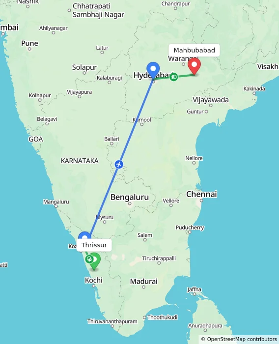 Route map showing distance and travel time from Thrissur, India to Mahbubabad, India