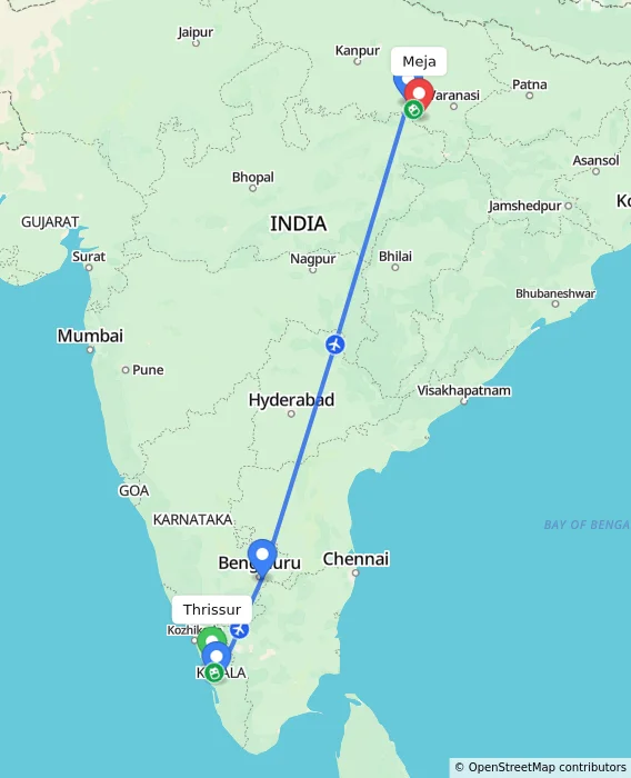 Route map showing distance and travel time from Thrissur, India to Meja, India