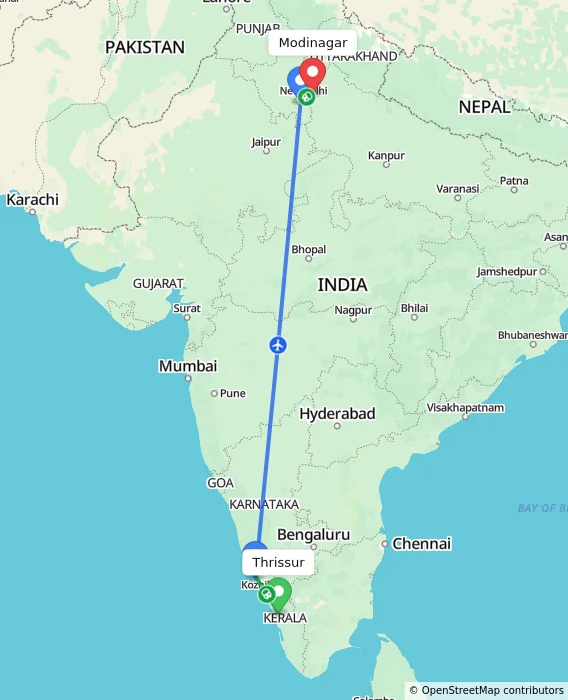 Route map showing distance and travel time from Thrissur, India to Modinagar, India