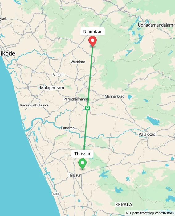 Route map showing distance and travel time from Thrissur, India to Nilambur, India