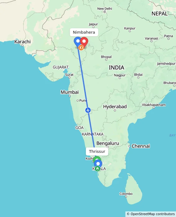 Route map showing distance and travel time from Thrissur, India to Nimbahera, India