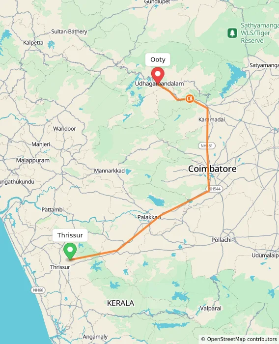 Route map showing distance and travel time from Thrissur, India to Ooty, India