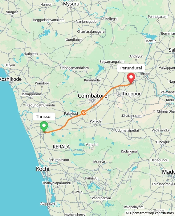 Route map showing distance and travel time from Thrissur, India to Perundurai, India