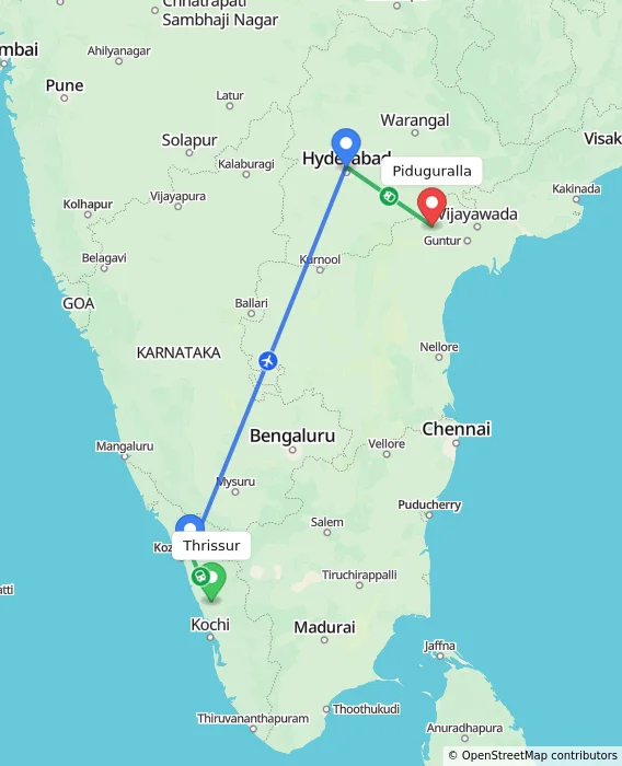 Route map showing distance and travel time from Thrissur, India to Piduguralla, India