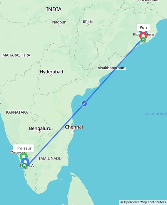Route map showing distance and travel time from Thrissur, India to Puri, India
