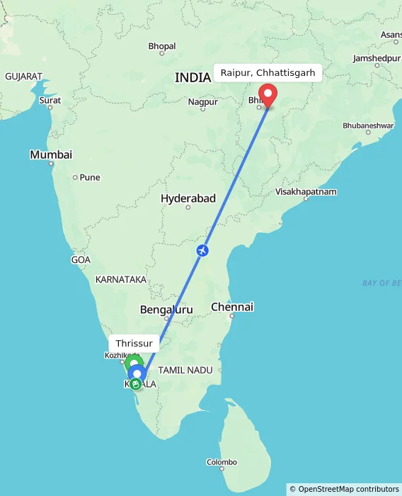 Route map showing distance and travel time from Thrissur, India to Raipur, Chhattisgarh, India