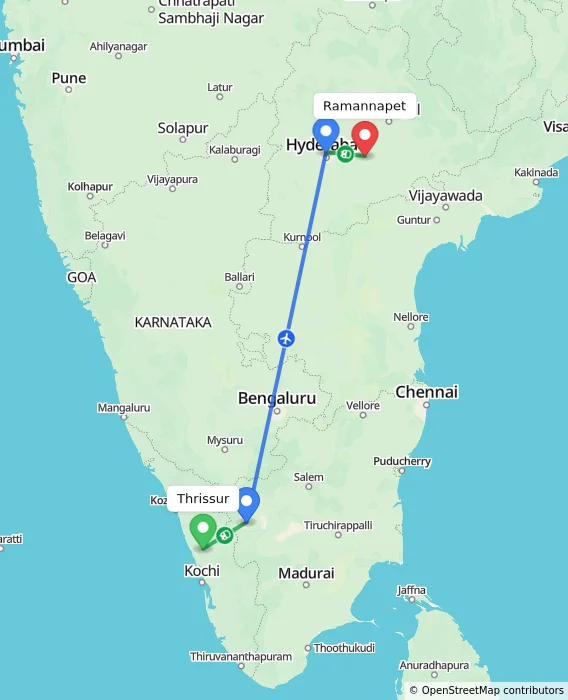 Route map showing distance and travel time from Thrissur, India to Ramannapet, India