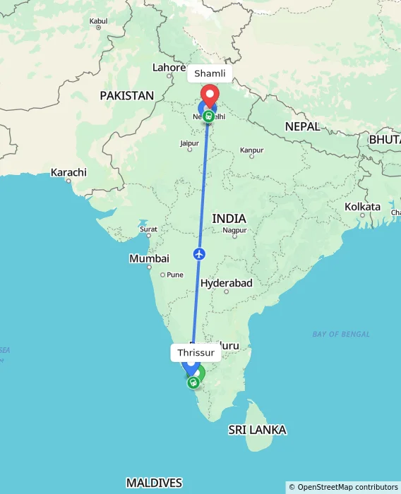 Route map showing distance and travel time from Thrissur, India to Shamli, India