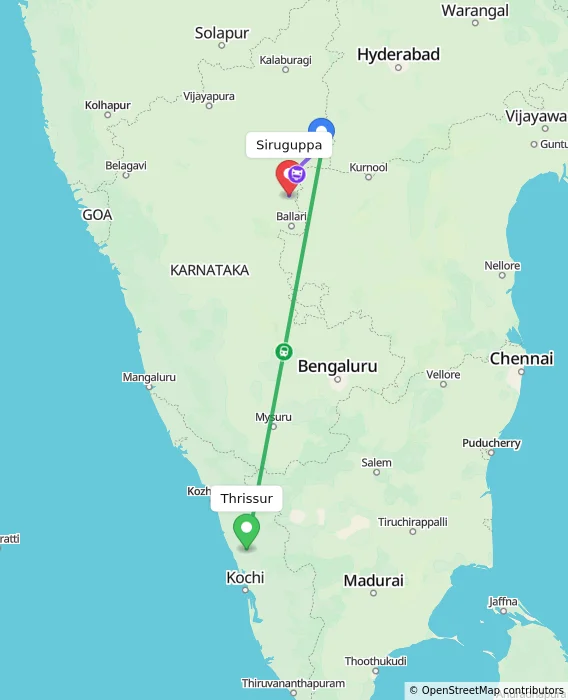 Route map showing distance and travel time from Thrissur, India to Siruguppa, India