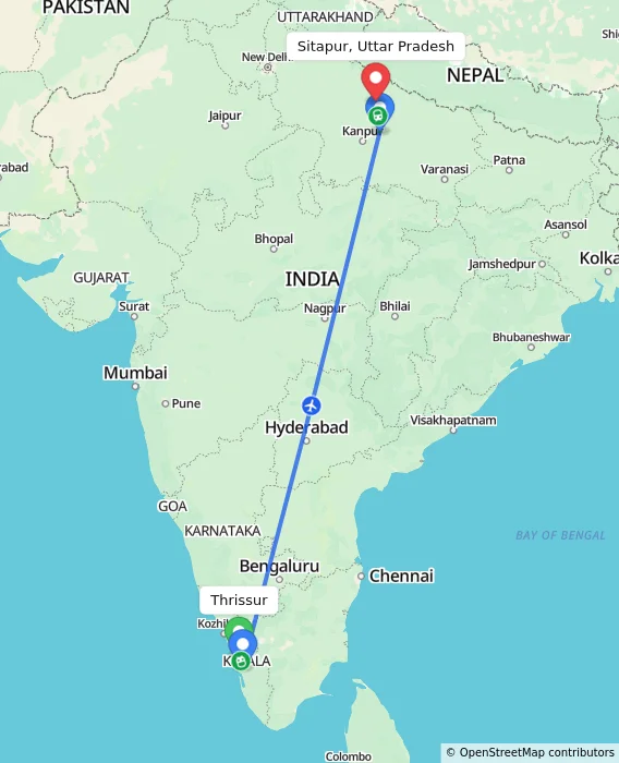 Route map showing distance and travel time from Thrissur, India to Sitapur, Uttar Pradesh, India