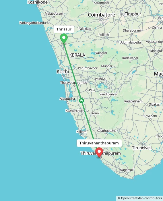 Route map showing distance and travel time from Thrissur, India to Thiruvananthapuram, India