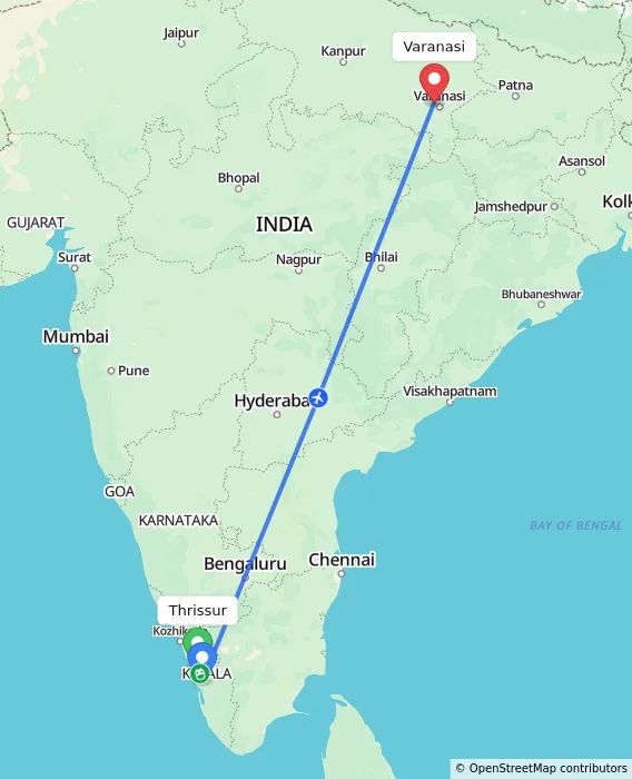 Route map showing distance and travel time from Thrissur, India to Varanasi, India