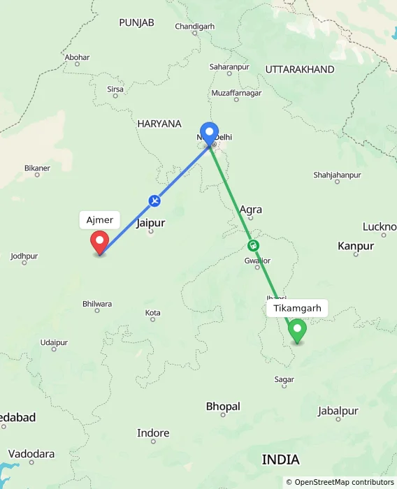 Route map showing distance and travel time from Tikamgarh, India to Ajmer, India