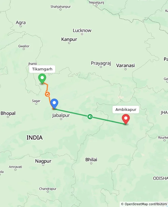 Route map showing distance and travel time from Tikamgarh, India to Ambikapur, India