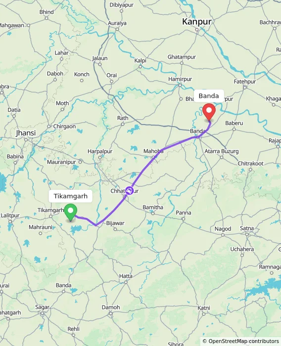 Route map showing distance and travel time from Tikamgarh, India to Banda, India