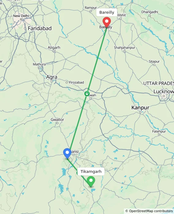 Route map showing distance and travel time from Tikamgarh, India to Bareilly, India
