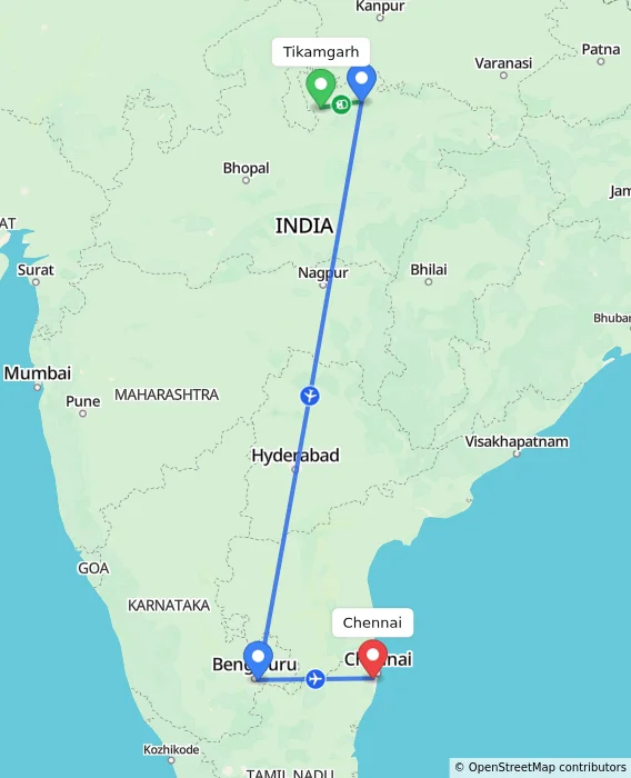 Route map showing distance and travel time from Tikamgarh, India to Chennai, India