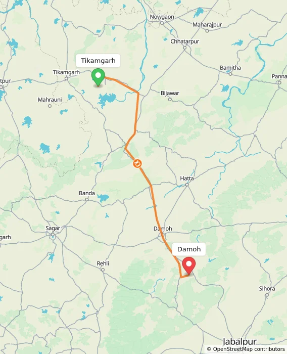 Route map showing distance and travel time from Tikamgarh, India to Damoh, India