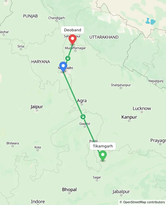 Route map showing distance and travel time from Tikamgarh, India to Deoband, India