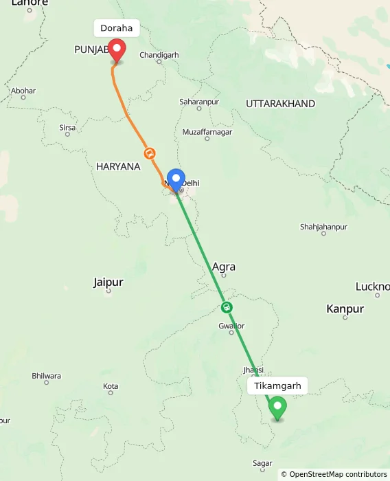 Route map showing distance and travel time from Tikamgarh, India to Doraha, India