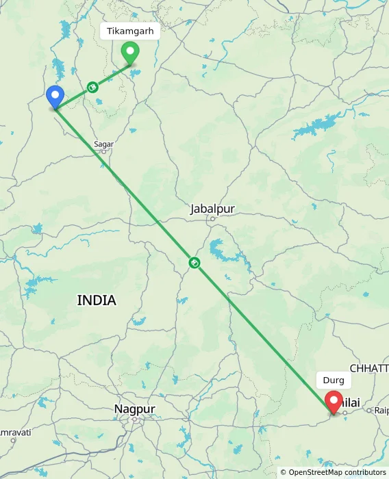 Route map showing distance and travel time from Tikamgarh, India to Durg, India