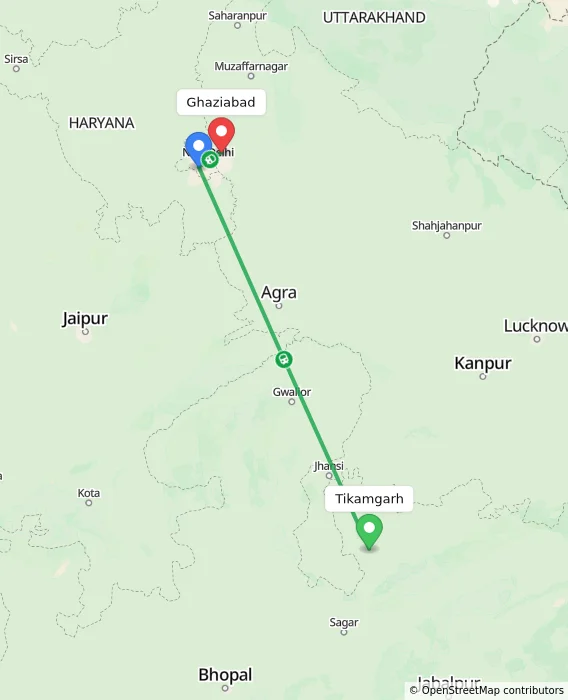 Route map showing distance and travel time from Tikamgarh, India to Ghaziabad, India
