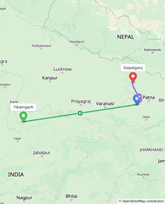 Route map showing distance and travel time from Tikamgarh, India to Gopalganj, India