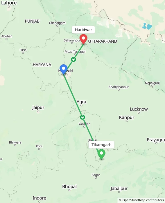 Route map showing distance and travel time from Tikamgarh, India to Haridwar, India