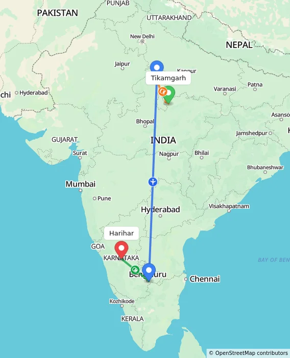 Route map showing distance and travel time from Tikamgarh, India to Harihar, India