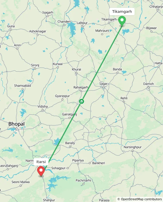 Route map showing distance and travel time from Tikamgarh, India to Itarsi, India
