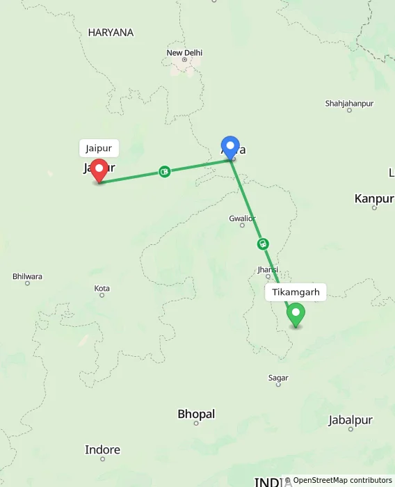 Route map showing distance and travel time from Tikamgarh, India to Jaipur, India