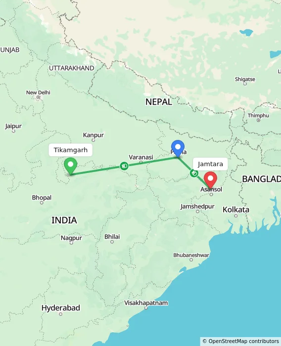 Route map showing distance and travel time from Tikamgarh, India to Jamtara, India
