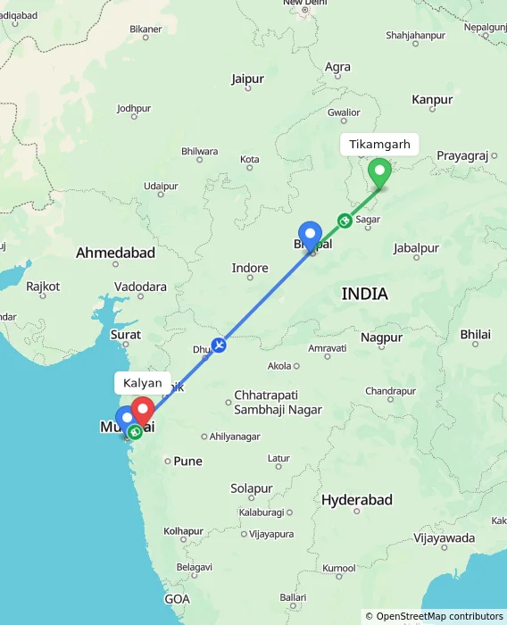Route map showing distance and travel time from Tikamgarh, India to Kalyan, India
