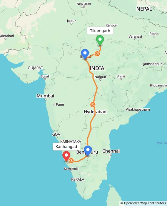 Route map showing distance and travel time from Tikamgarh, India to Kanhangad, India