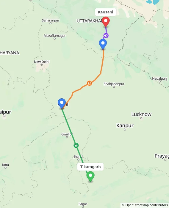 Route map showing distance and travel time from Tikamgarh, India to Kausani, India