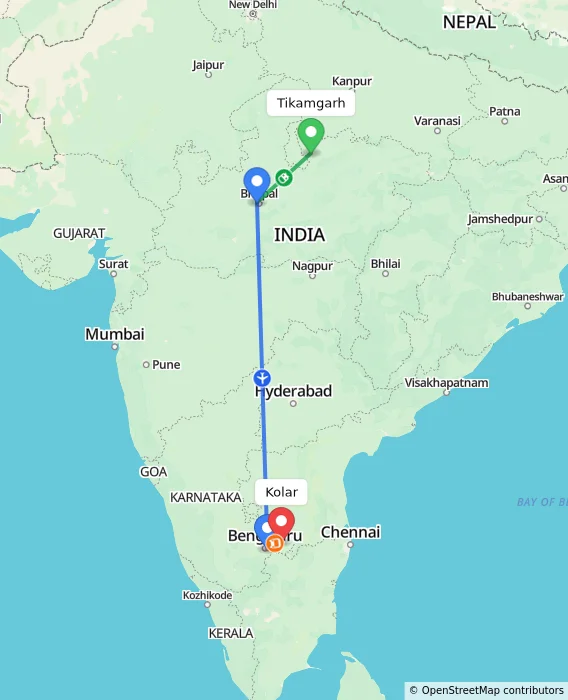 Route map showing distance and travel time from Tikamgarh, India to Kolar, India