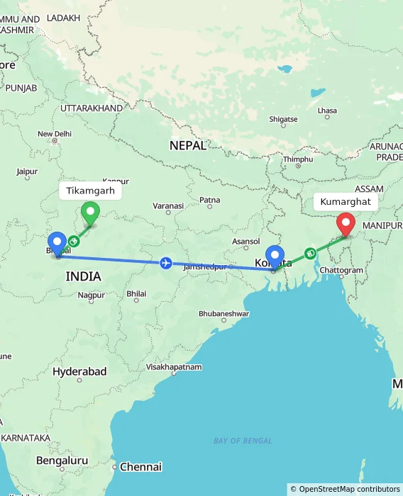 Route map showing distance and travel time from Tikamgarh, India to Kumarghat, India